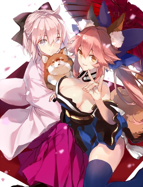 Anime picture 800x1042 with fate (series) fate/grand order tamamo (fate) (all) okita souji (fate) (all) okita souji (koha-ace) tamamo no mae (fate) fukuda935 long hair tall image looking at viewer blush fringe short hair breasts light erotic simple background smile hair between eyes large breasts standing