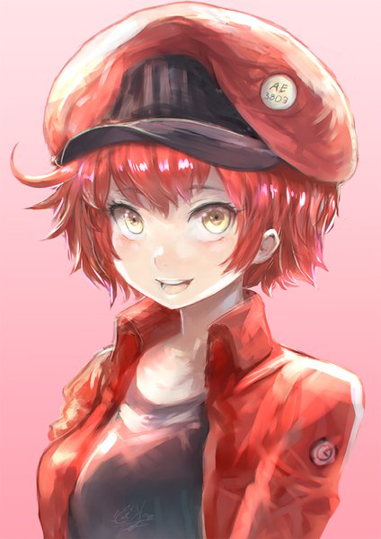 Anime picture 700x990 with hataraku saibou david production ae-3803 red blood cell (hataraku saibou) mg42cat-k1ng single tall image looking at viewer short hair simple background yellow eyes upper body red hair portrait pink background girl beret