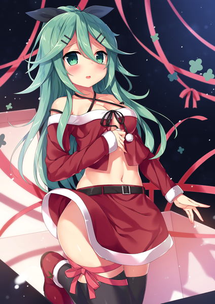 Anime picture 1157x1637 with kantai collection yamakaze (kantai collection) ezoshika gg single long hair tall image looking at viewer blush fringe breasts open mouth light erotic hair between eyes standing bare shoulders payot cleavage ponytail aqua eyes aqua hair
