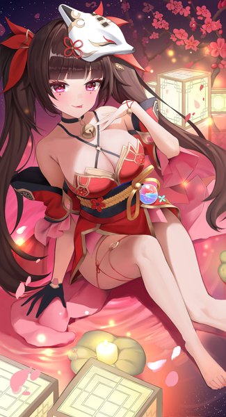 Anime picture 3653x6743 with honkai: star rail honkai (series) sparkle (honkai: star rail) aillatoste single long hair tall image looking at viewer fringe highres breasts light erotic red eyes brown hair large breasts sitting twintails absurdres cleavage blunt bangs