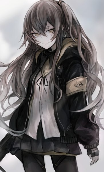 Anime picture 640x1056 with girls frontline ump45 (girls frontline) hasuno single long hair tall image looking at viewer fringe hair between eyes brown hair standing brown eyes payot pleated skirt light smile grey background open jacket one side up scar girl