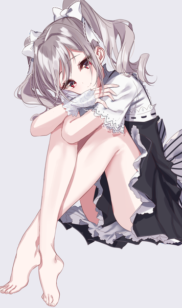 Anime picture 1189x2000 with idolmaster idolmaster cinderella girls kanzaki ranko sinsihukunokonaka single long hair tall image blush fringe simple background smile red eyes sitting twintails full body head tilt barefoot grey hair grey background bare legs