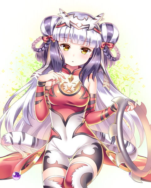 Anime picture 800x1000 with puzzle & dragons haku (p&d) shouni (sato3) single long hair tall image looking at viewer blush fringe breasts black hair yellow eyes silver hair tail animal tail multicolored hair embarrassed girl bodysuit