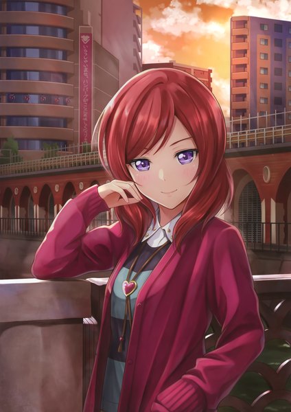 Anime picture 2492x3526 with love live! school idol project sunrise (studio) love live! nishikino maki shamakho single tall image looking at viewer blush fringe highres short hair standing purple eyes sky cloud (clouds) upper body outdoors red hair long sleeves
