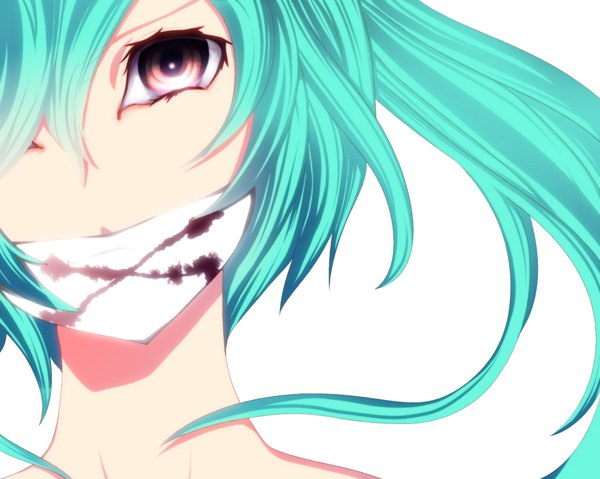 Anime picture 2048x1638 with vocaloid hatsune miku single long hair fringe highres simple background white background hair over one eye aqua hair close-up girl blood mask