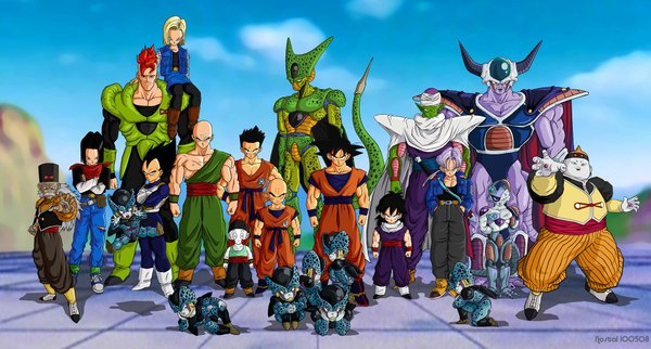 Anime picture 2127x1143 with dragon ball z android 18 son goku vegeta son gohan trunks (dragon ball) piccolo daimaou android 17 yamcha tien shinhan highres short hair open mouth blue eyes black hair red eyes wide image green eyes tail traditional clothes