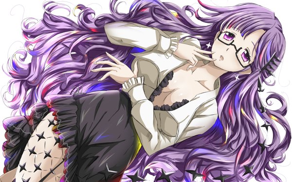 Anime picture 1920x1200 with fantasista doll madeleine (fantasista doll) rika (kakera) single long hair looking at viewer highres open mouth light erotic white background purple eyes purple hair girl dress glasses