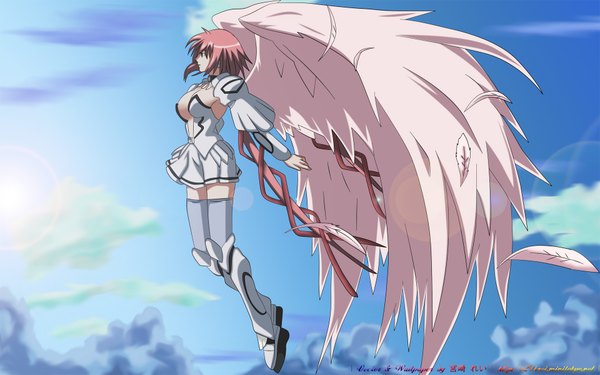 Anime picture 1920x1200 with sora no otoshimono ikaros highres light erotic wide image twintails sky red hair flying girl thighhighs wings