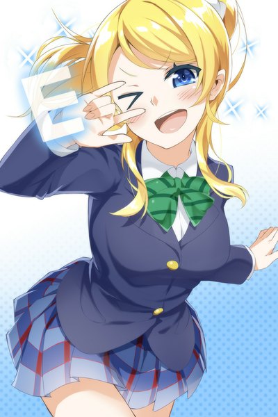 Anime picture 600x900 with love live! school idol project sunrise (studio) love live! ayase eli heirou single long hair tall image blush open mouth blue eyes blonde hair smile ponytail :d pleated skirt one eye closed wink girl skirt