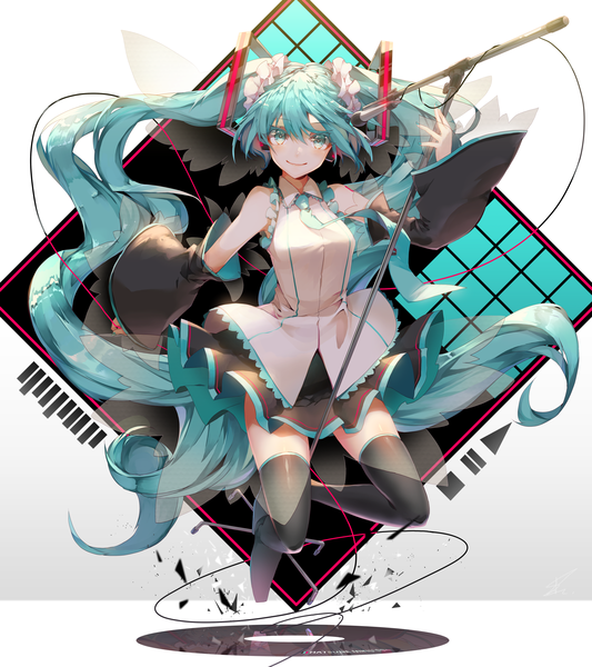 Anime picture 2140x2408 with vocaloid hatsune miku saihate (d3) single tall image looking at viewer blush fringe highres smile hair between eyes twintails full body very long hair pleated skirt aqua eyes aqua hair wide sleeves jumping girl