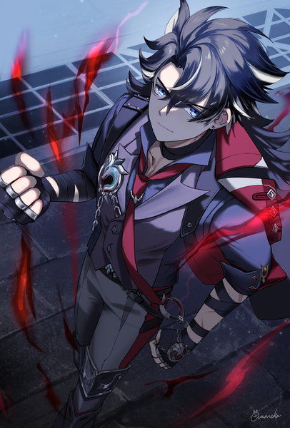 Anime picture 2704x4000 with genshin impact wriothesley (genshin impact) amaneko (amaneko y) single tall image looking at viewer fringe highres short hair blue eyes black hair hair between eyes indoors from above clothes on shoulders boy gloves necktie fingerless gloves fist