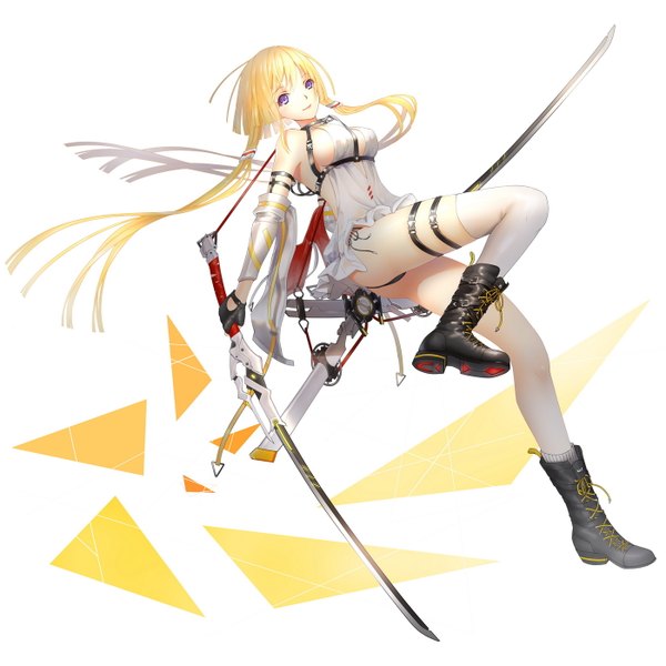 Anime picture 1400x1400 with original catcan single looking at viewer breasts blue eyes light erotic blonde hair white background twintails very long hair open clothes girl thighhighs dress weapon white thighhighs sword boots short dress