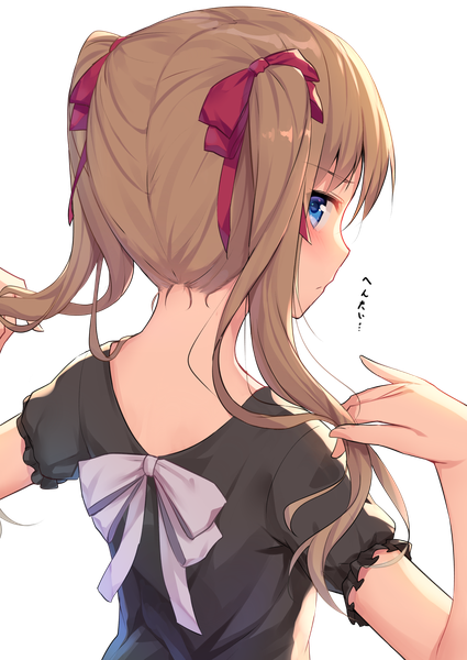 Anime picture 2149x3035 with original alexmaster single long hair tall image looking at viewer blush highres blue eyes brown hair twintails upper body profile looking back from behind short sleeves hieroglyph adjusting hair transparent background girl