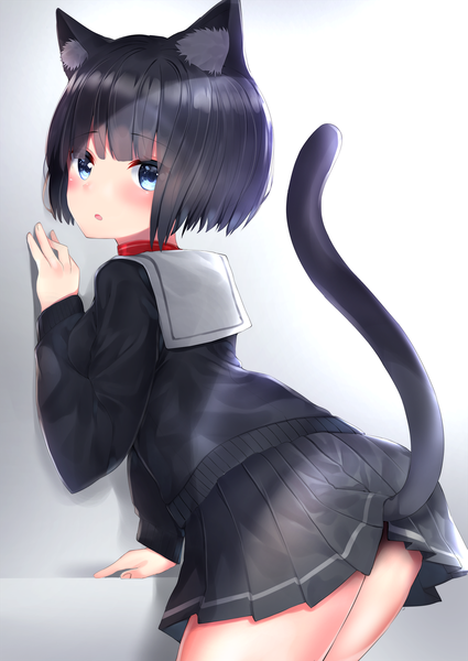 Anime picture 1129x1593 with original neku (neku draw) single tall image looking at viewer blush fringe short hair open mouth blue eyes light erotic black hair simple background animal ears tail blunt bangs animal tail pleated skirt looking back from behind