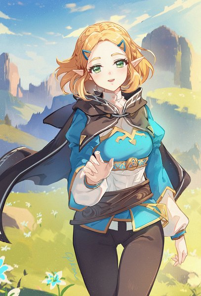 Anime picture 1000x1476 with the legend of zelda the legend of zelda: breath of the wild nintendo princess zelda cat princess single tall image looking at viewer short hair open mouth blonde hair green eyes sky cloud (clouds) outdoors pointy ears elf girl flower (flowers) cape