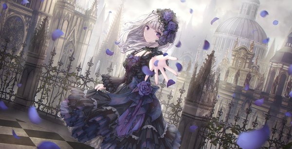 Anime picture 1846x943 with original missle228 single long hair looking at viewer fringe highres wide image standing purple eyes silver hair outdoors blunt bangs wide sleeves dutch angle floating hair city cityscape frilled dress outstretched hand