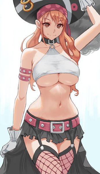 Anime picture 6411x11121 with one piece one piece: film red toei animation nami (one piece) zefrableu single long hair tall image looking at viewer fringe highres breasts light erotic simple background smile large breasts standing white background payot absurdres