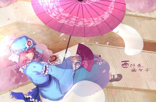 Anime picture 2015x1333 with touhou saigyouji yuyuko greetload single highres short hair pink hair pink eyes ghost girl dress petals umbrella bonnet fan alcohol sake sakazuki