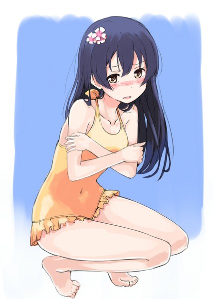 Anime picture 777x1087 with love live! school idol project sunrise (studio) love live! sonoda umi asterism single long hair tall image looking at viewer blush light erotic black hair bare shoulders yellow eyes barefoot hair flower bare legs squat covering girl