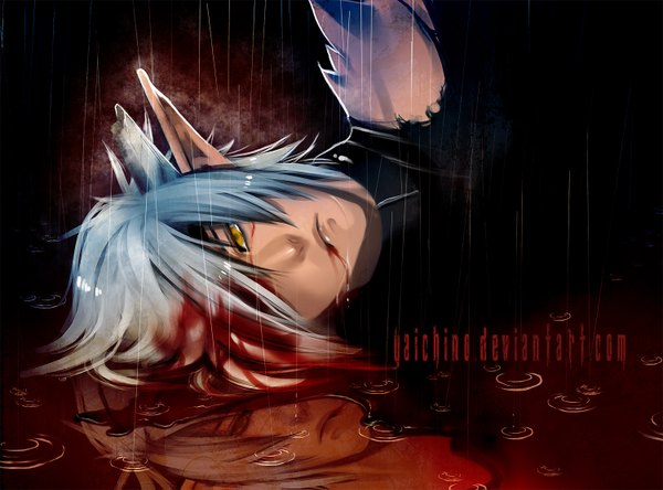 Anime picture 1500x1111 with original yaichino (artist) single fringe short hair yellow eyes blue hair pointy ears hair over one eye reflection rain elf boy blood