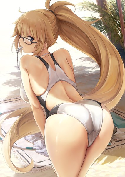 Anime picture 1254x1771 with fate (series) fate/grand order jeanne d'arc (fate) (all) jeanne d'arc (swimsuit archer) akita hika single tall image looking at viewer blush fringe breasts blue eyes light erotic blonde hair bare shoulders payot ahoge ass outdoors ponytail