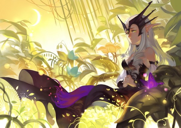 Anime picture 1200x849 with dragon nest nerwin joseph lee single long hair breasts standing bare shoulders yellow eyes payot sky cleavage silver hair outdoors wind pointy ears drill hair hands clasped crescent girl