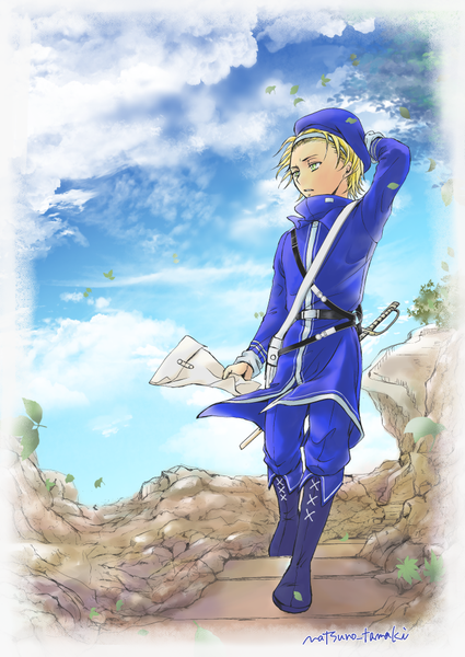 Anime picture 717x1012 with plunderer gespenst zerlegen natsuno single tall image short hair blue eyes blonde hair holding signed looking away sky cloud (clouds) full body outdoors walking adjusting hat boy uniform weapon