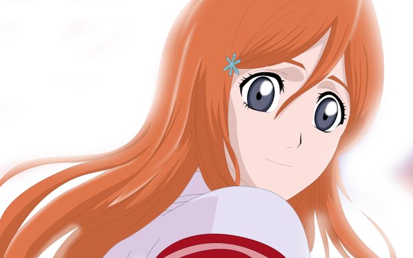 Anime picture 1440x900 with bleach studio pierrot inoue orihime franco000000 single long hair simple background smile wide image white background looking back orange hair grey eyes coloring light girl hair ornament