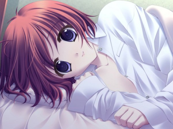 Anime picture 1024x768 with underbar summer kaizu sana short hair purple eyes game cg red hair girl