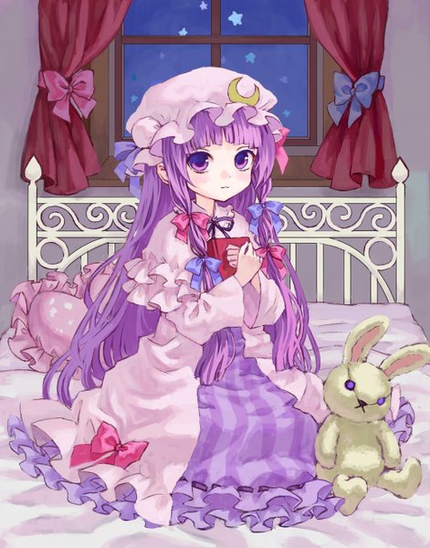 Anime picture 1035x1317 with touhou patchouli knowledge ama-tou single long hair tall image purple eyes purple hair girl dress bow hair bow window pillow book (books) bed curtains toy stuffed animal bonnet