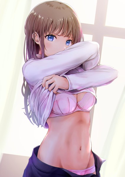 Anime picture 950x1344 with original tokeshi single long hair tall image looking at viewer blush fringe breasts blue eyes light erotic brown hair standing cleavage upper body indoors blunt bangs long sleeves open clothes bare belly