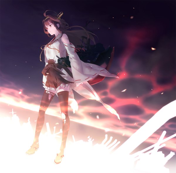 Anime picture 1300x1283 with kantai collection kongou battleship jumping dogeza single long hair brown hair brown eyes full body ahoge traditional clothes nontraditional miko girl thighhighs hair ornament black thighhighs detached sleeves