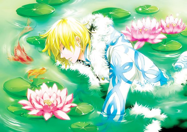 Anime picture 2000x1418 with tsubasa reservoir chronicle clamp fay d flourite astro-g highres short hair blonde hair lying eyes closed boy water fish (fishes) water lily