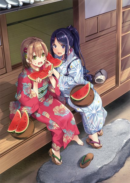 Anime picture 2494x3500 with original otabe sakura long hair tall image highres open mouth black hair brown hair sitting purple eyes multiple girls green eyes looking away full body ponytail traditional clothes japanese clothes hair flower from above scan