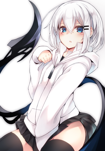 Anime picture 1200x1723 with original ringo-chan (otokuyou) otokuyou single tall image looking at viewer blush fringe short hair open mouth blue eyes light erotic simple background hair between eyes white background payot ahoge white hair tail long sleeves