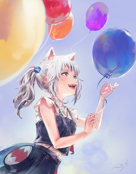 Anime picture 2575x3304 with virtual youtuber hololive hololive english gawr gura gawr gura (2nd costume) hyde (tabakko) single long hair tall image highres open mouth blue eyes animal ears looking away silver hair :d cat ears teeth official alternate costume side ponytail