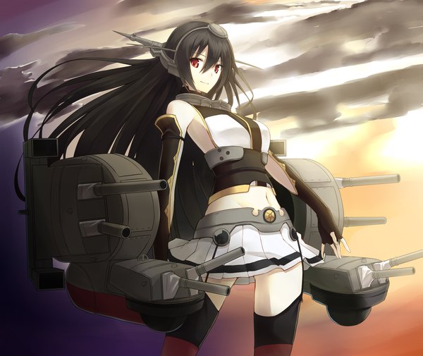 Anime picture 1500x1264 with kantai collection nagato battleship kauto long hair looking at viewer black hair red eyes sky cloud (clouds) light smile girl skirt gloves navel hair ornament weapon fingerless gloves