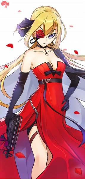 Anime picture 621x1300 with girls frontline vz 61 (girls frontline) krokobyaka single long hair tall image fringe breasts simple background hair between eyes standing white background holding signed looking away cleavage hand on hip serious girl dress