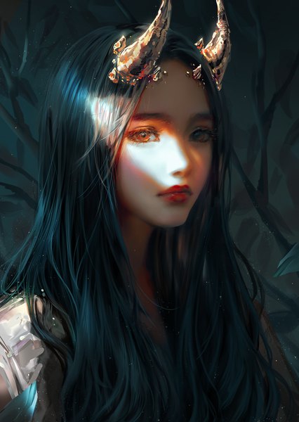 Anime picture 4000x5636 with original nixeu single long hair tall image looking at viewer highres black hair brown eyes absurdres upper body horn (horns) lips realistic lipstick light shaded face red lipstick girl branch
