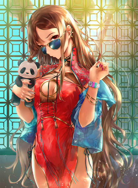 Anime picture 1107x1511 with fate (series) fate/grand order yu mei-ren (fate) minami leo single long hair tall image looking at viewer fringe breasts light erotic red eyes brown hair large breasts standing holding cleavage nail polish traditional clothes sunlight