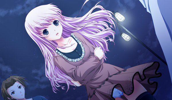 Anime picture 1024x600 with akikaze personal (game) long hair light erotic wide image pink hair game cg black eyes night pantyshot girl