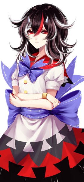 Anime picture 2000x4300 with touhou kijin seija sheya single long hair tall image looking at viewer fringe highres black hair simple background hair between eyes red eyes white background nail polish multicolored hair horn (horns) short sleeves puffy sleeves streaked hair