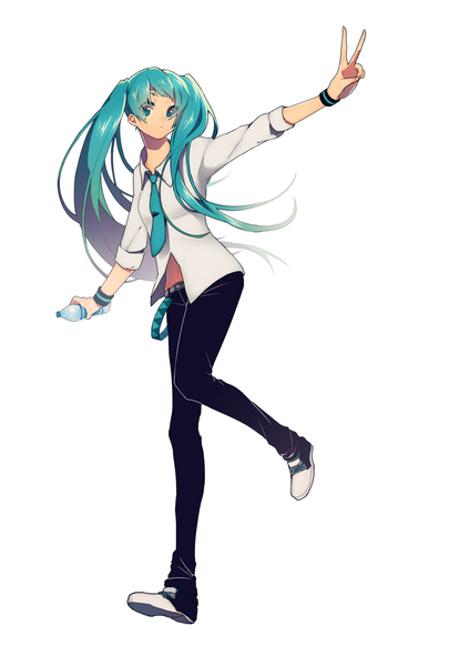 Anime picture 1181x1748 with vocaloid hatsune miku matsuda toki single long hair tall image looking at viewer fringe blue eyes simple background white background twintails holding full body bent knee (knees) aqua hair open clothes open shirt alternate costume victory