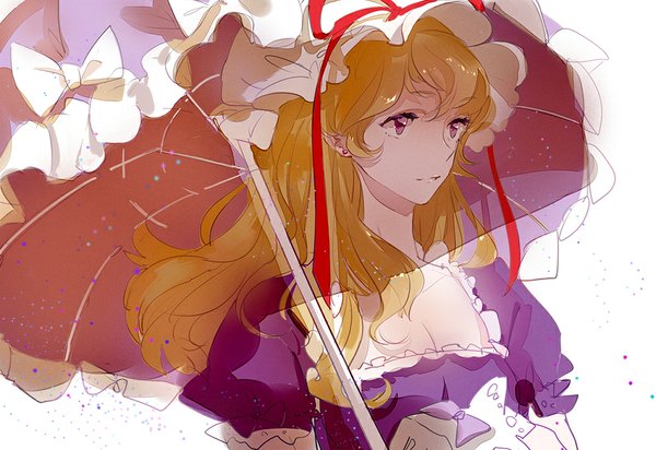 Anime picture 1000x688 with touhou yakumo yukari nanobe single long hair fringe simple background white background purple eyes holding looking away girl gloves bow ribbon (ribbons) earrings white gloves umbrella bonnet