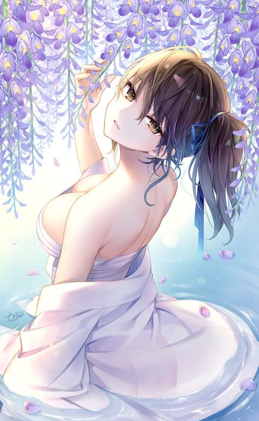 Anime picture 610x990 with kantai collection kaga aircraft carrier kaguyuzu single tall image looking at viewer fringe breasts light erotic hair between eyes brown hair large breasts bare shoulders brown eyes signed upper body head tilt looking back side ponytail girl