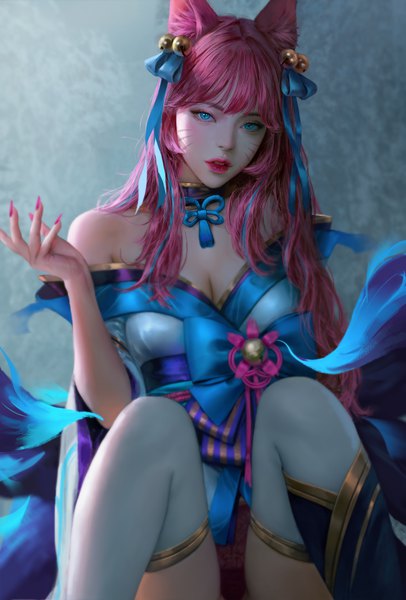 Anime picture 2706x4000 with league of legends ahri (league of legends) spirit blossom ahri jwhs10 single long hair tall image looking at viewer blush fringe highres breasts blue eyes light erotic large breasts sitting animal ears payot pink hair bent knee (knees)