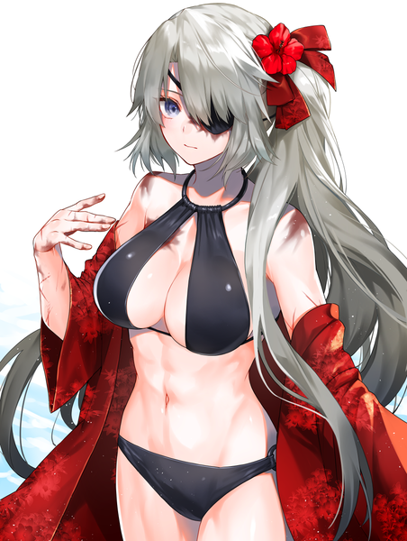 Anime picture 900x1195 with original lydia macarthur waka (shark waka) single long hair tall image blush fringe breasts blue eyes light erotic simple background large breasts standing white background payot looking away cleavage hair flower grey hair
