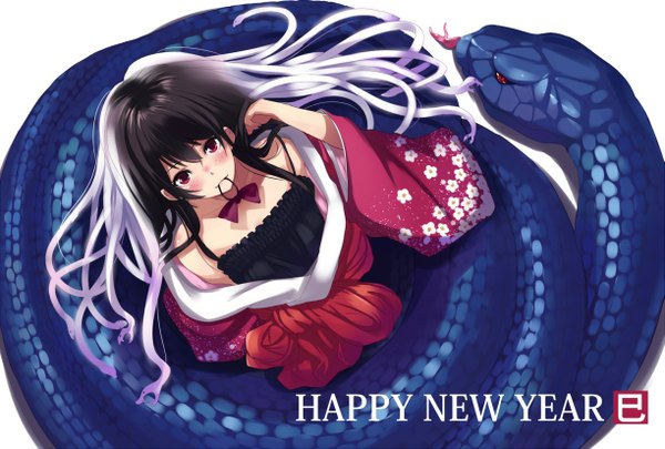 Anime picture 1223x826 with original sora-bozu (artist) single long hair looking at viewer blush black hair smile red eyes white background japanese clothes text mouth hold new year girl bow animal kimono snake
