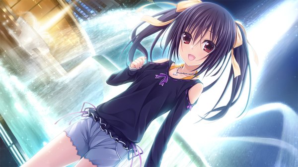 Anime picture 1280x720 with pretty x cation hibiki works sakura asagiri single long hair looking at viewer blush open mouth black hair red eyes wide image twintails game cg girl ribbon (ribbons) bow hair bow hair ribbon shorts pendant