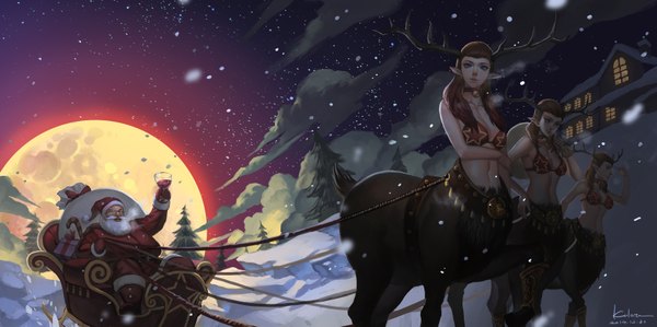 Anime picture 3500x1747 with original santa claus kalata long hair looking at viewer highres blue eyes brown hair wide image multiple girls horn (horns) lips pointy ears christmas winter monster girl girl 3 girls moon full moon